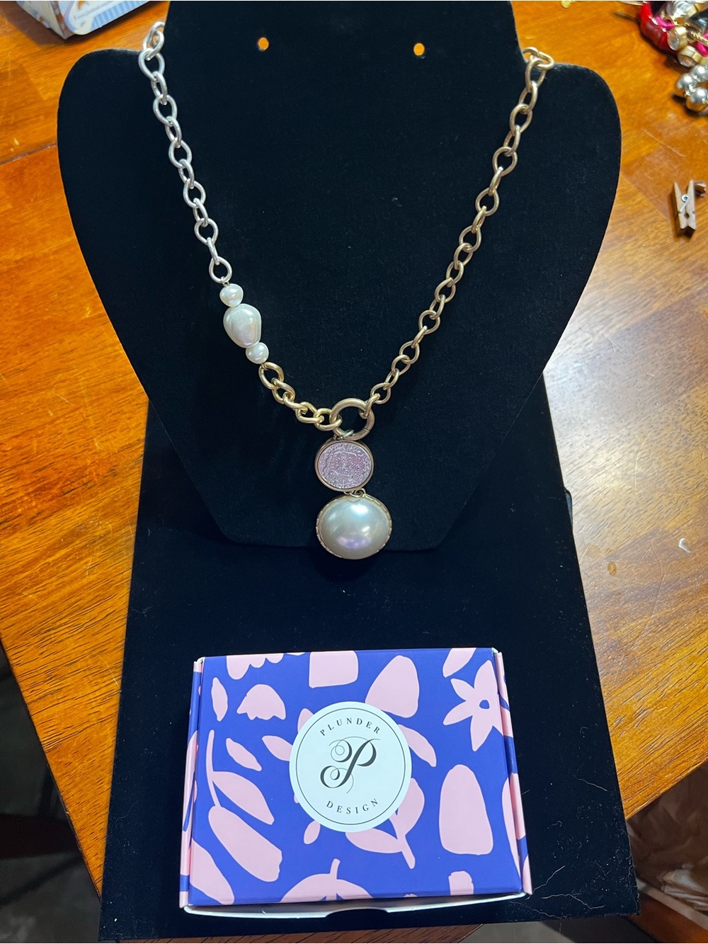 Plunder Gold-Tone Chain Necklace with White Pearl and Pink Accent